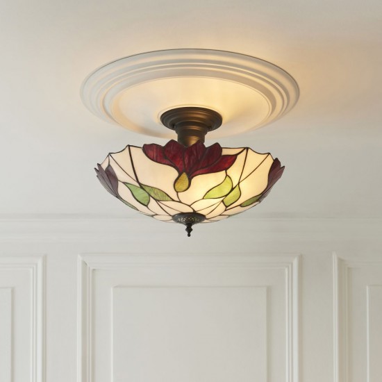 78860-001 Satin Black 3 Light Semi Flush with Tiffany Glass
