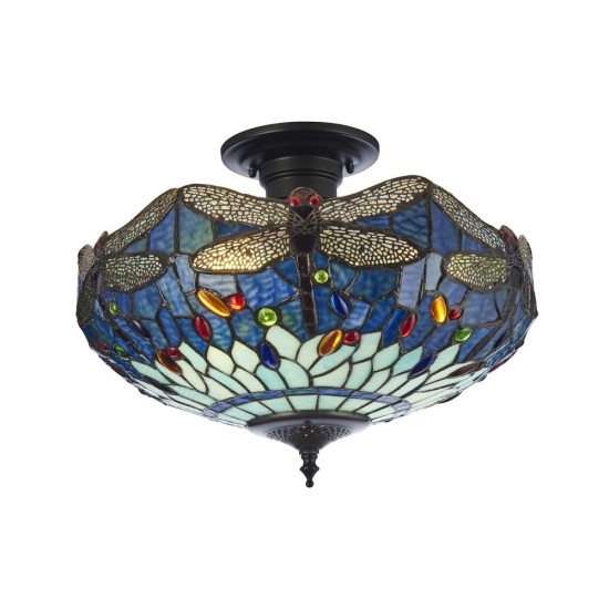 78861-001 Satin Black 3 Light Semi Flush with Tiffany Glass