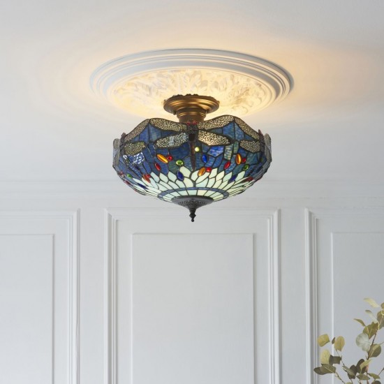 78861-001 Satin Black 3 Light Semi Flush with Tiffany Glass