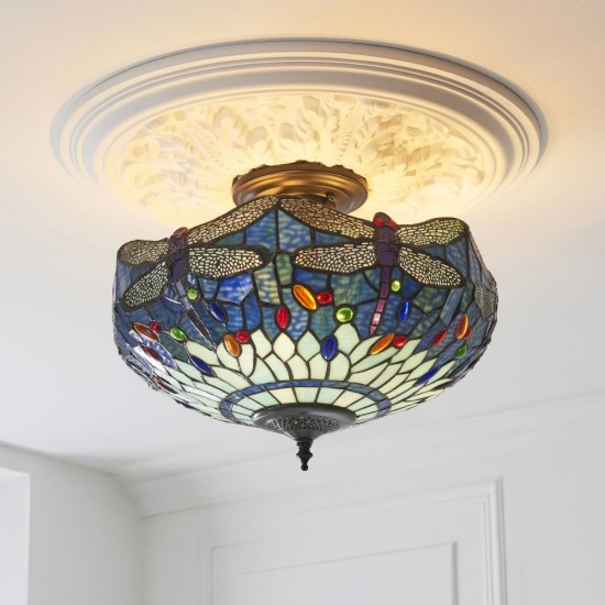 78861-001 Satin Black 3 Light Semi Flush with Tiffany Glass