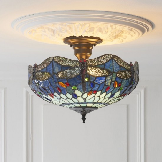 78861-001 Satin Black 3 Light Semi Flush with Tiffany Glass
