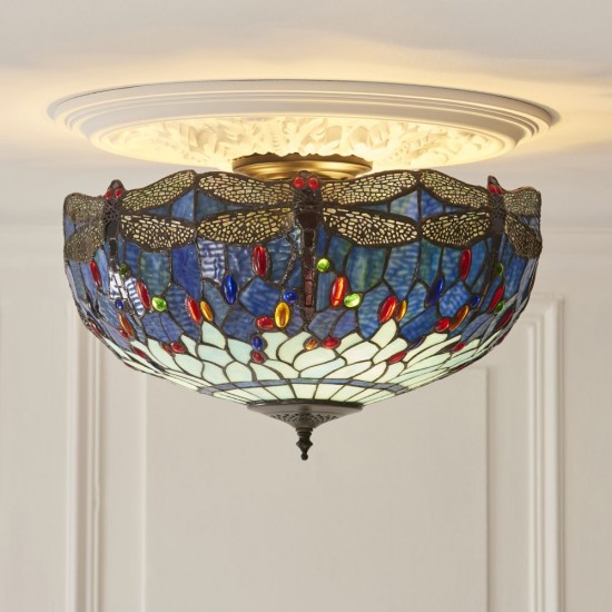 78862-001 Satin Black 3 Light Flush with Tiffany Glass