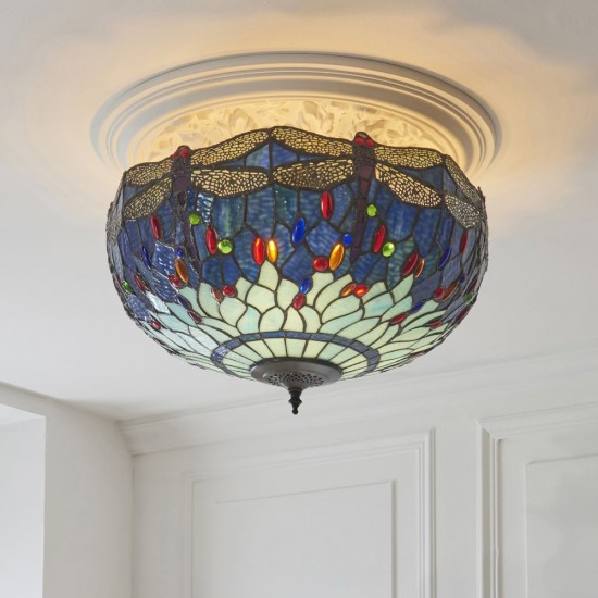 78862-001 Satin Black 3 Light Flush with Tiffany Glass