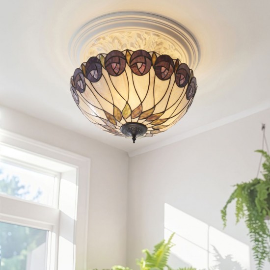 78865-001 Satin Black 3 Light Semi Flush with Tiffany Glass