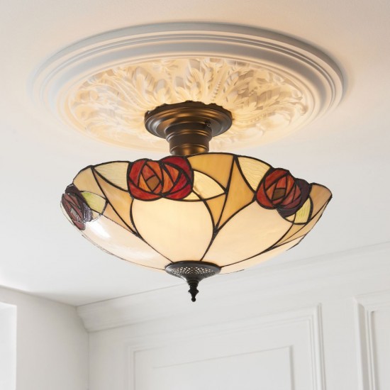 78866-001 Satin Black 3 Light Semi Flush with Tiffany Glass
