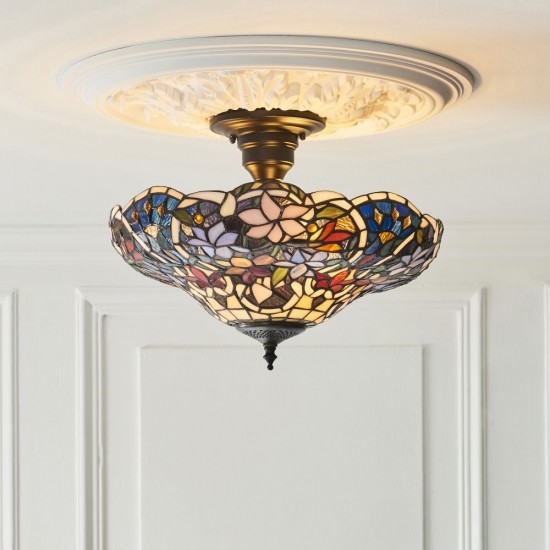 78869-001 Satin Black 3 Light Semi Flush with Tiffany Glass