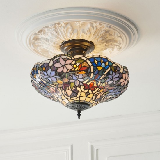 78869-001 Satin Black 3 Light Semi Flush with Tiffany Glass