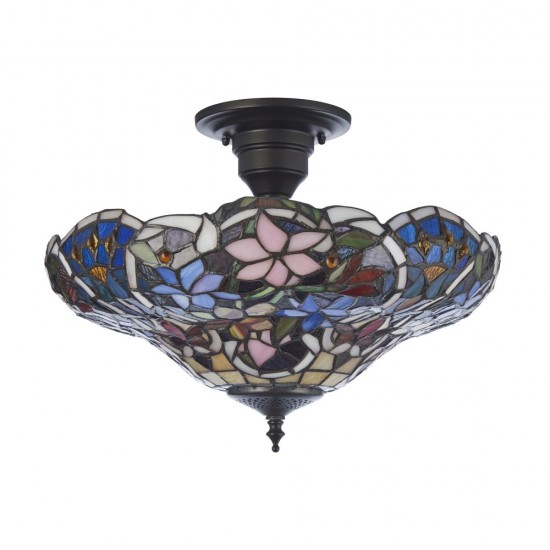 78869-001 Satin Black 3 Light Semi Flush with Tiffany Glass
