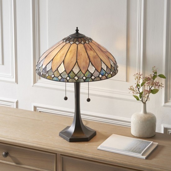 78877-001 Satin Black 2 Light Table Lamp with Tiffany Glass