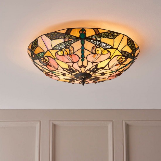 51330-001 Satin Black 2 Light Flush with Tiffany Glass