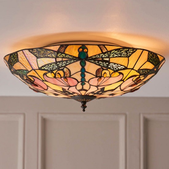 51330-001 Satin Black 2 Light Flush with Tiffany Glass