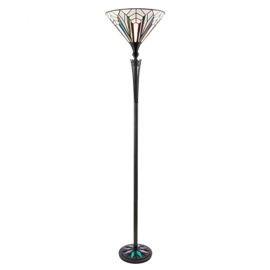 51881-001 Satin Black Uplighter Floor Lamp with Tiffany Glass