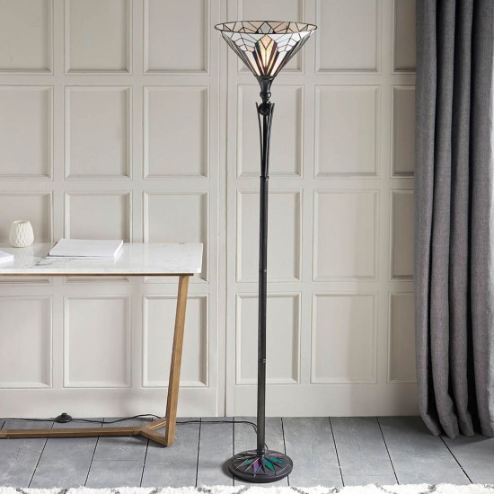 51881-001 Satin Black Uplighter Floor Lamp with Tiffany Glass