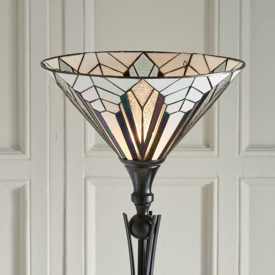 51881-001 Satin Black Uplighter Floor Lamp with Tiffany Glass