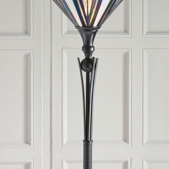 51881-001 Satin Black Uplighter Floor Lamp with Tiffany Glass
