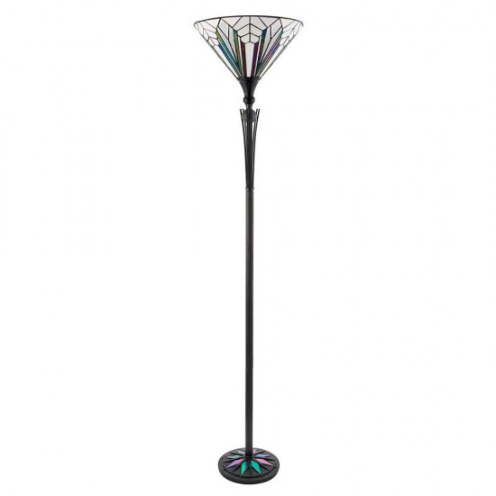 51881-001 Satin Black Uplighter Floor Lamp with Tiffany Glass