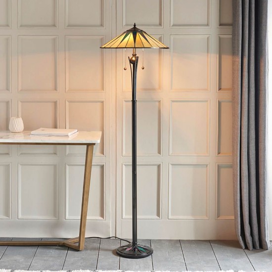 51266-001 Satin Black 2 Light Floor Lamp with Tiffany Glass
