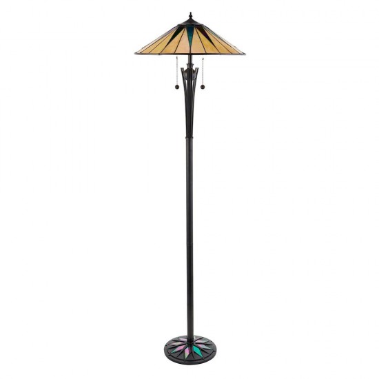 51266-001 Satin Black 2 Light Floor Lamp with Tiffany Glass