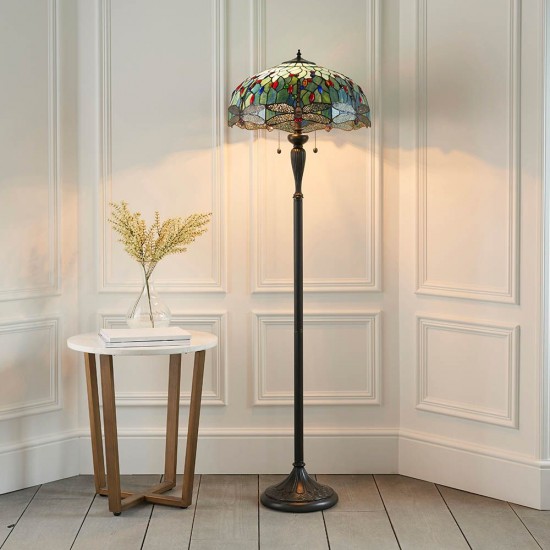 51268-001 Satin Black 2 Light Floor Lamp with Tiffany Glass