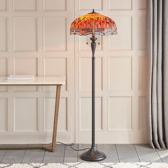 51269-001 Satin Black 2 Light Floor Lamp with Tiffany Glass