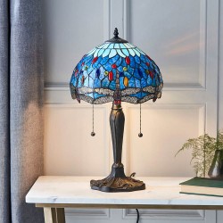 51738-001 Satin Black 2 Light Small Table Lamp with Tiffany Glass
