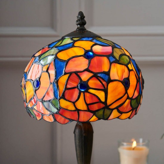 51747-001 Satin Black Small Table Lamp with Tiffany Glass