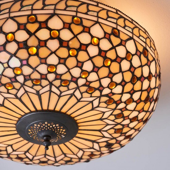 51336-001 Satin Black 2 Light Flush with Tiffany Glass