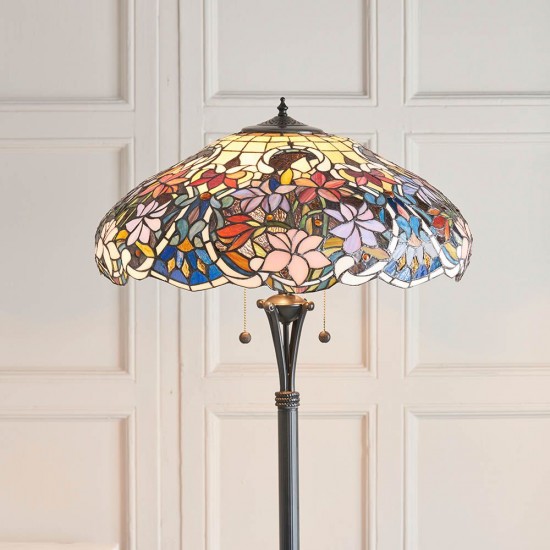 51276-001 Satin Black 2 Light Floor Lamp with Tiffany Glass