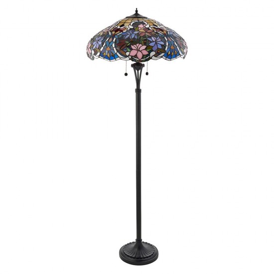 51276-001 Satin Black 2 Light Floor Lamp with Tiffany Glass