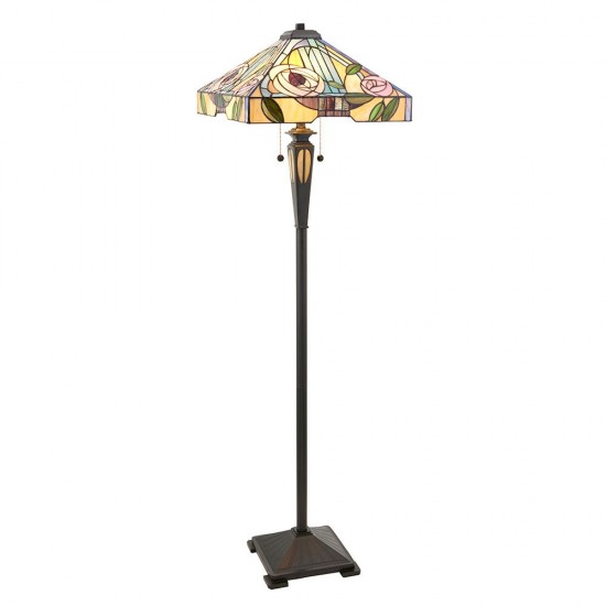 51283-001 Satin Black 2 Light Floor Lamp with Tiffany Glass