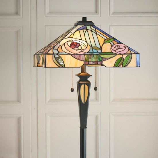 51283-001 Satin Black 2 Light Floor Lamp with Tiffany Glass