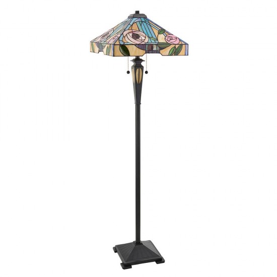51283-001 Satin Black 2 Light Floor Lamp with Tiffany Glass