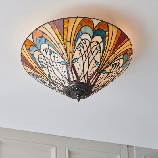 51461-001 Satin Black 2 Light Flush with Tiffany Glass