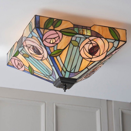 51339-001 Satin Black 2 Light Flush with Tiffany Glass