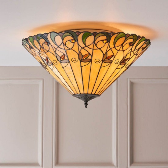 51340-001 Satin Black 2 Light Semi Flush with Tiffany Glass