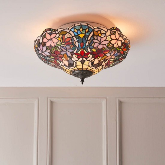 51471-001 Satin Black 2 Light Flush with Tiffany Glass