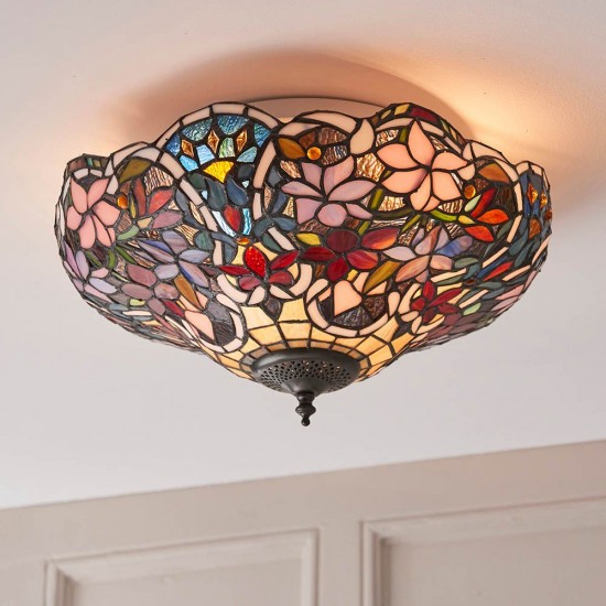 51471-001 Satin Black 2 Light Flush with Tiffany Glass