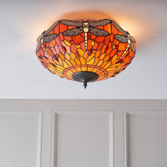 51478-001 Satin Black 2 Light Flush with Tiffany Glass