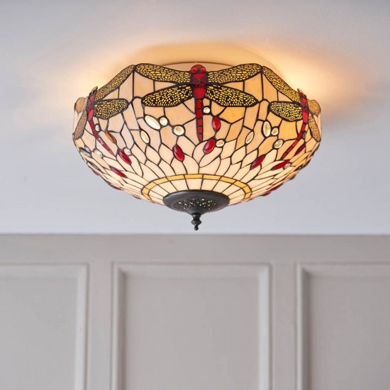 51480-001 Satin Black 2 Light Flush with Tiffany Glass