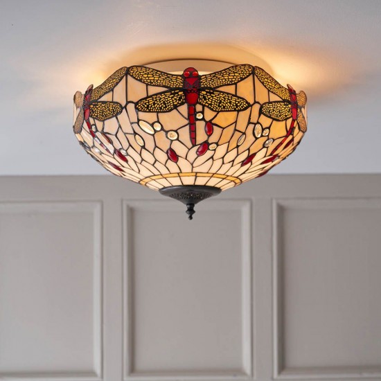 51480-001 Satin Black 2 Light Flush with Tiffany Glass