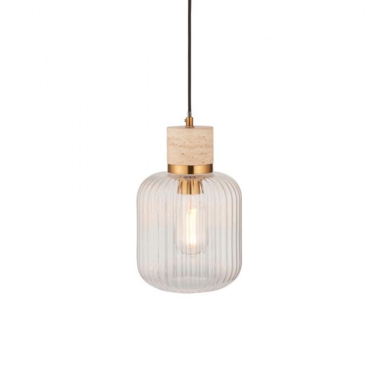 78828-001 Natural Travertine Stone Pendant with Clear Ribbed Glass
