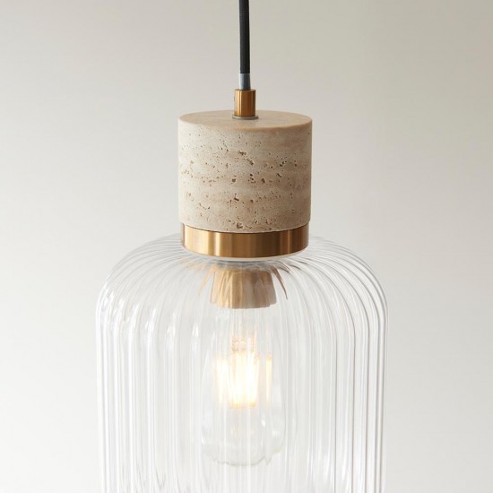 78828-001 Natural Travertine Stone Pendant with Clear Ribbed Glass