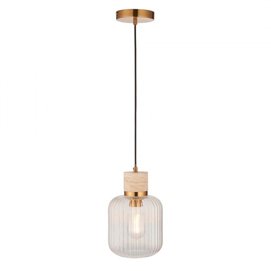 78828-001 Natural Travertine Stone Pendant with Clear Ribbed Glass