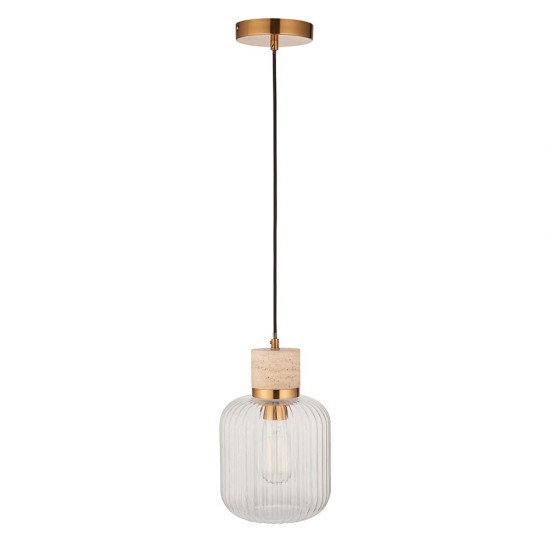 78828-001 Natural Travertine Stone Pendant with Clear Ribbed Glass