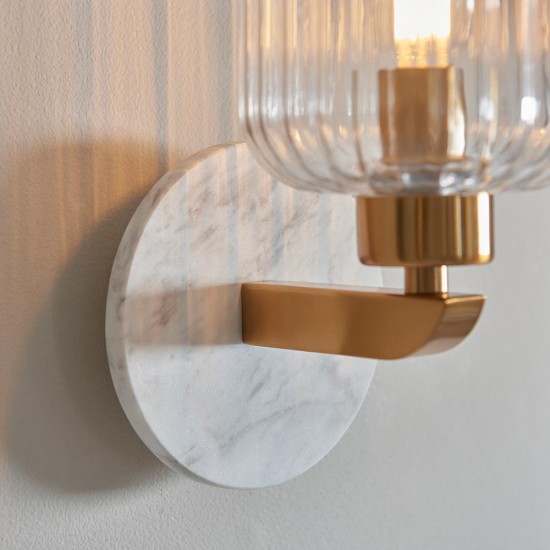 78830-001 White Volakas Marble Wall Lamp with Clear Ribbed Glass