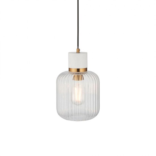 78831-001 White Volakas Marble Pendant with Clear Ribbed Glass
