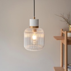 78831-001 White Volakas Marble Pendant with Clear Ribbed Glass