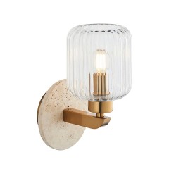 78832-001 Natural Travertine Stone Wall Lamp with Clear Ribbed Glass