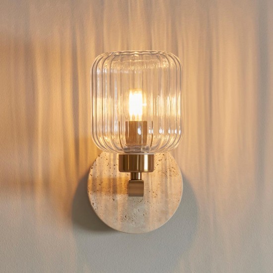 78832-001 Natural Travertine Stone Wall Lamp with Clear Ribbed Glass
