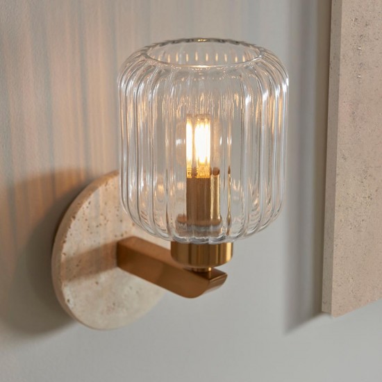 78832-001 Natural Travertine Stone Wall Lamp with Clear Ribbed Glass